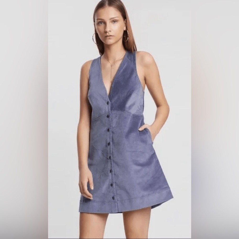 Free People Rolling Thunder Corduroy Button Down Mini Dress Periwinkle Blue L